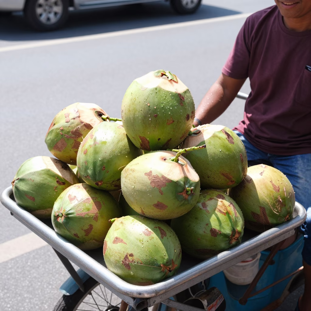 Street vendor selling fresh coconuts under bright noon sun in Phuket in in Phuket, Thailand