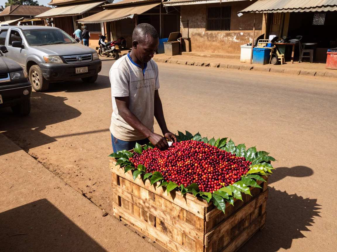 Street Vendor Selling Fresh Coffee Cherries in Nairobi Kenya Afternoon Market in in Nairobi, Kenya