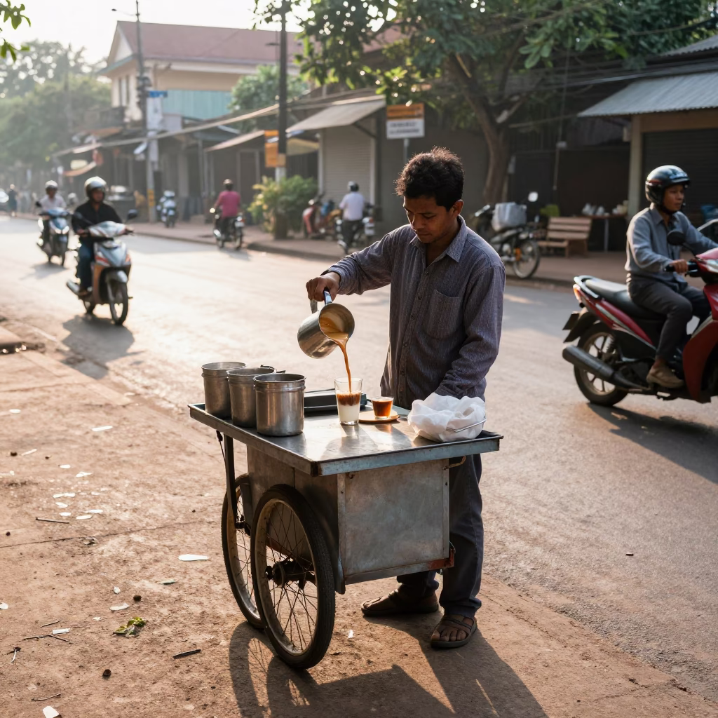 Street Vendor Selling Fresh Coffee in Phnom Penh Cambodia Just After Sunrise in in Phnom Penh, Cambodia