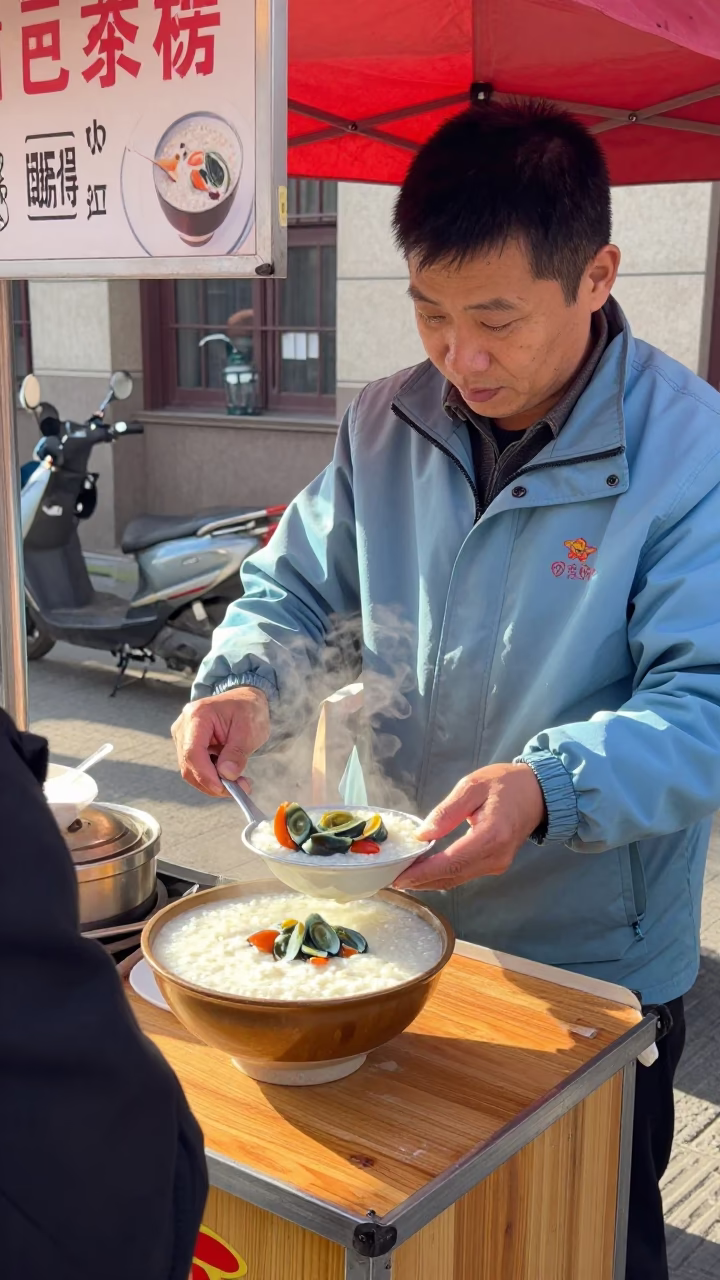 Street Vendor Selling Fresh Congee and Century Egg in Bright Midmorning Berlin Germany in in Berlin, Germany