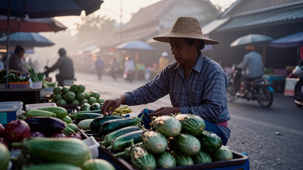 Street Vendor Selling Fresh Eggplants at Nautical Dawn in Chiang Mai Thailand in in Chiang Mai, Thailand