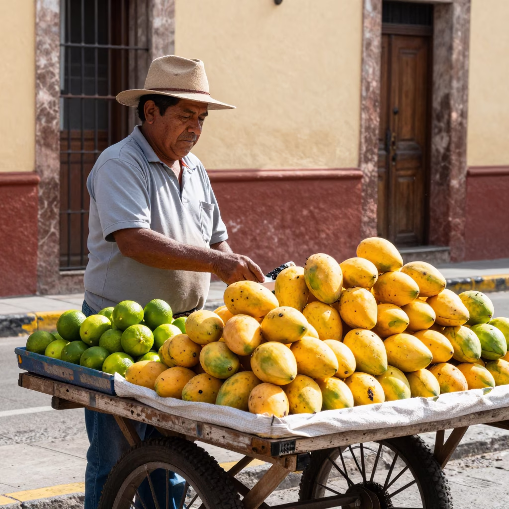 Street vendor selling fresh fruit and black pepper in Merida Mexico late morning in in Merida, Mexico