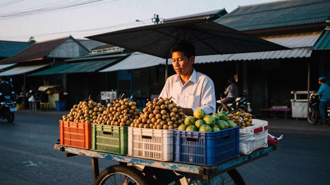 Street Vendor Selling Fresh Fruit Crates in Bangkok Thailand Early Evening in in Bangkok, Thailand
