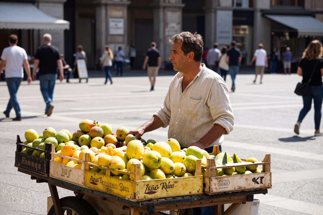 Street Vendor Selling Fresh Fruit Crates in Milan Italy Midday Sun in in Milan, Italy