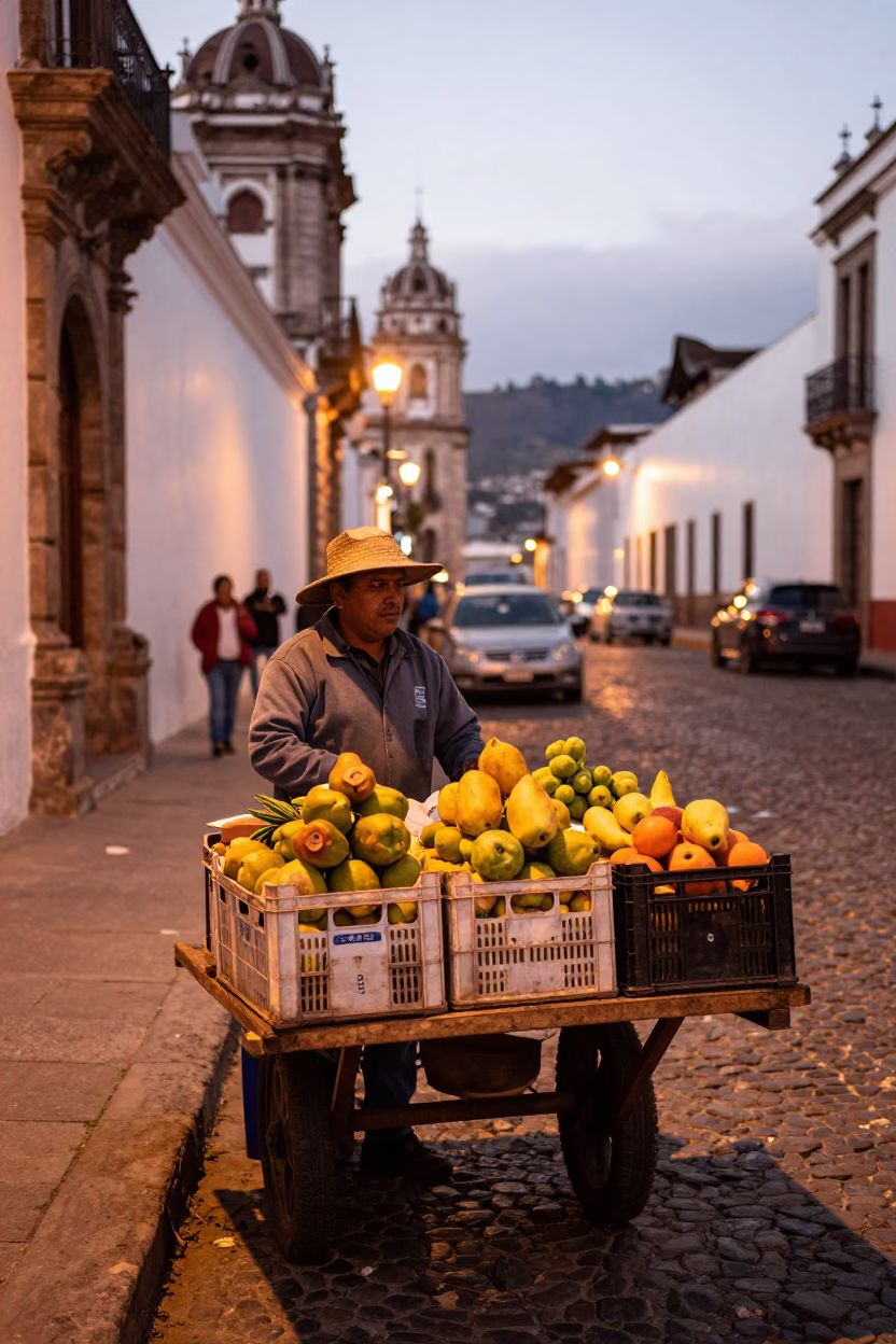 Street Vendor Selling Fresh Fruit Crates in Quito Ecuador Before Dusk in in Quito, Ecuador