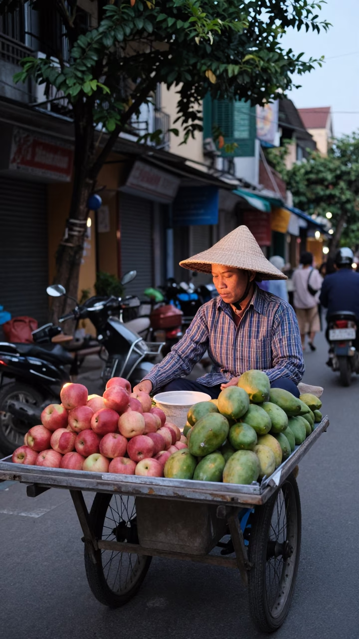 Street Vendor Selling Fresh Fruit in Hanoi Vietnam Early Evening Light in in Hanoi, Vietnam