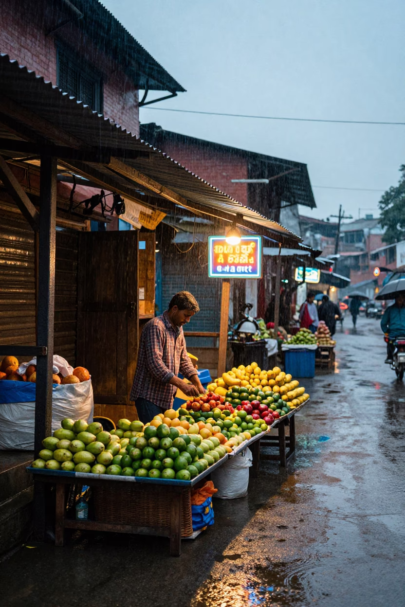 Street Vendor Selling Fresh Fruit in Kathmandu During Light Rain at Dusk in in Kathmandu, Nepal