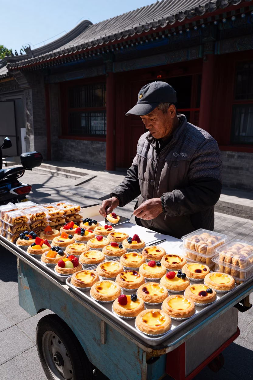 Street Vendor Selling Fresh Fruit Tarts and Snacks Under Beijing Noon Sunlight in in Beijing, China
