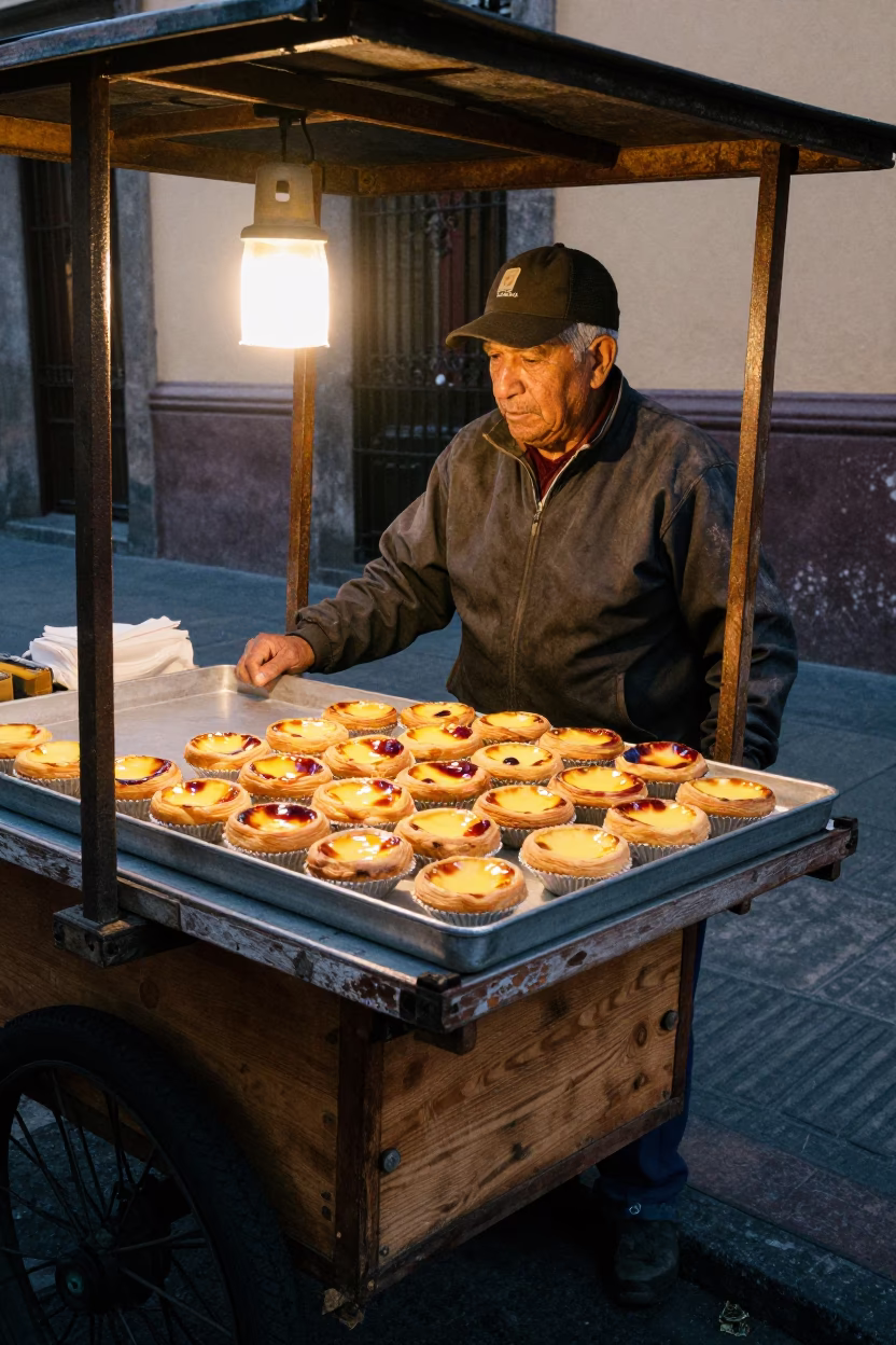 Street Vendor Selling Fresh Fruit Tarts with Custard in Mexico City Evening in in Mexico City, Mexico