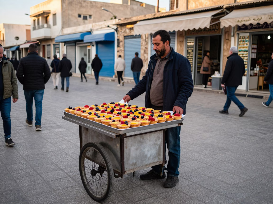 Street vendor selling fresh fruit tarts with custard in Tunis Tunisia early evening in in Tunis, Tunisia