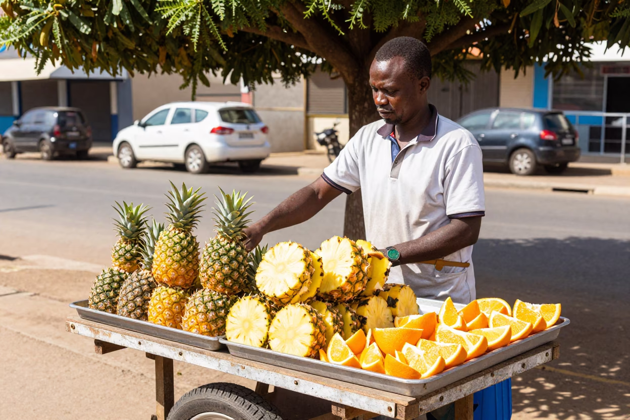 Street Vendor Selling Fresh Fruit Under Shade Tree in Durban Winter Noon in in Durban, South Africa