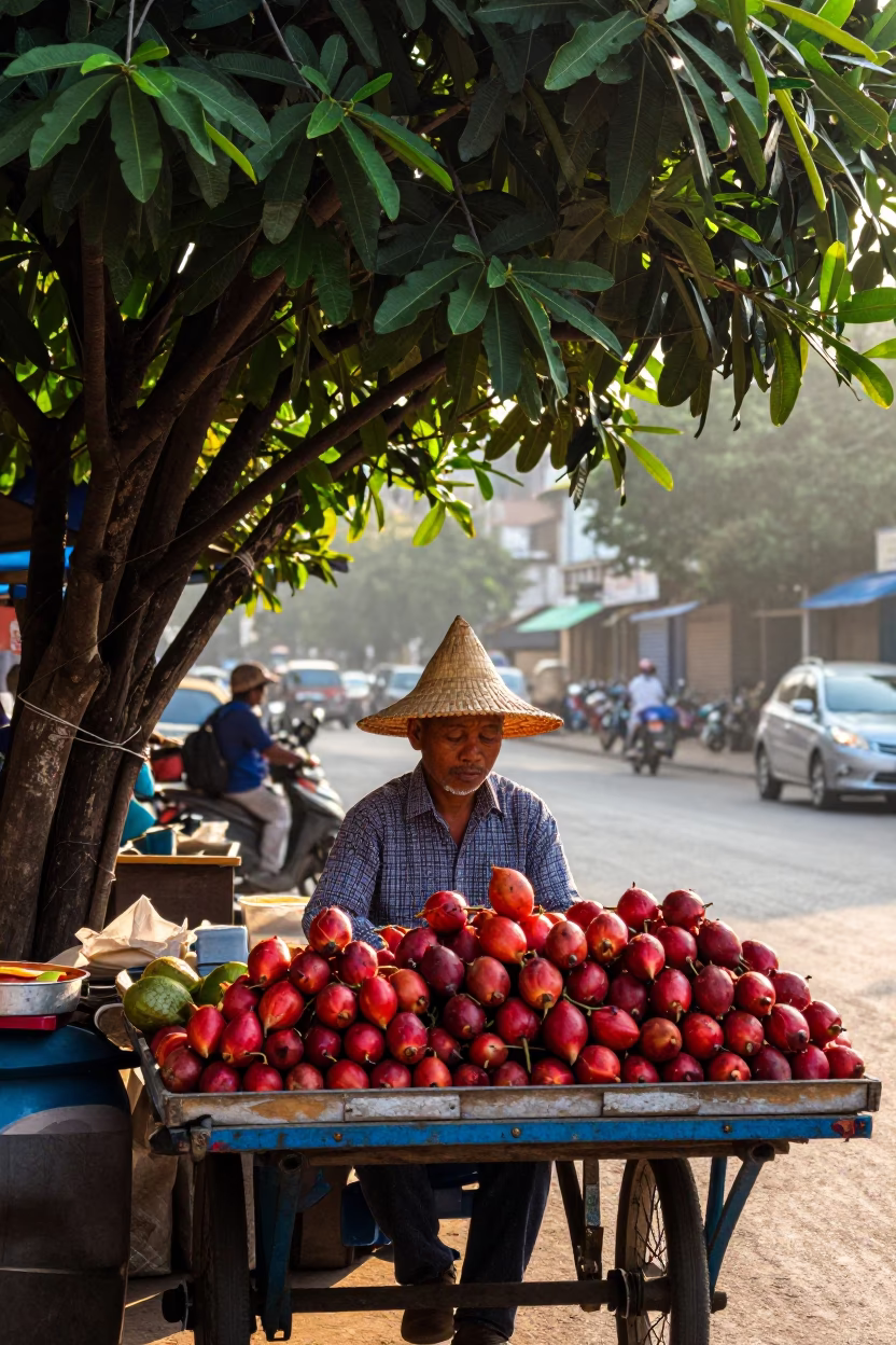 Street Vendor Selling Fresh Khrouy Fruit at Dawn in Phnom Penh Cambodia in in Phnom Penh, Cambodia