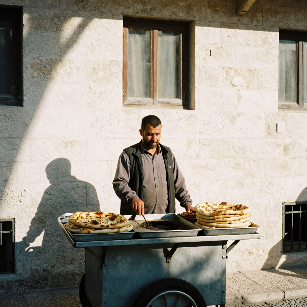 Street Vendor Selling Fresh Manakish in Amman Jordan Late Morning Sunlight in in Amman, Jordan
