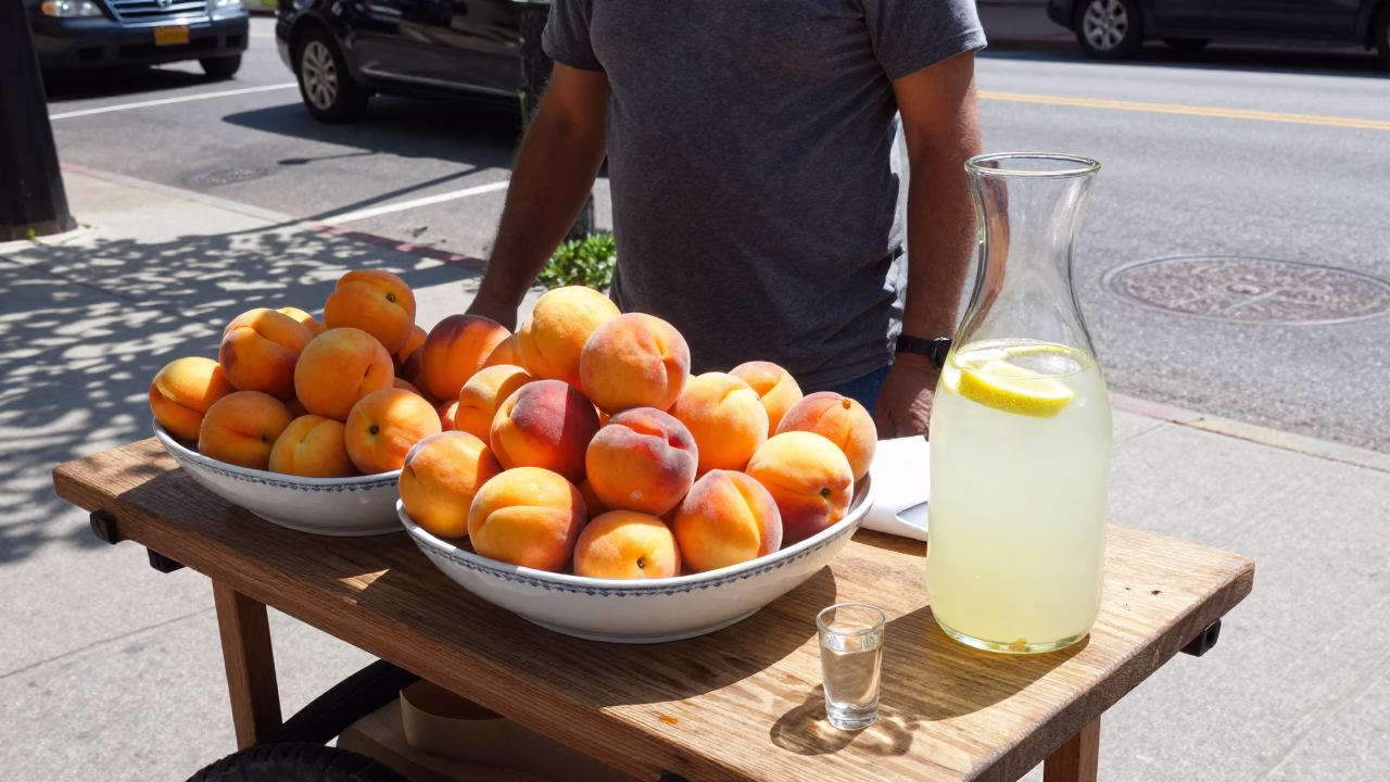 Street Vendor Selling Fresh Nectarines and Glass Carafes of Lemonade in Philadelphia Pennsylvania Midday in in Philadelphia, Pennsylvania, United States