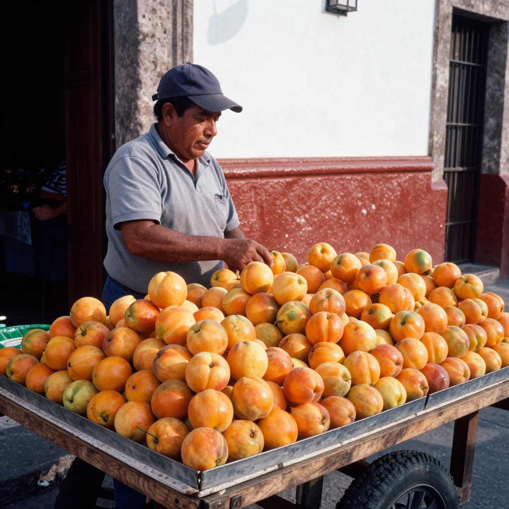Street vendor selling fresh nectarines in Guadalajara Mexico early afternoon in in Guadalajara, Mexico