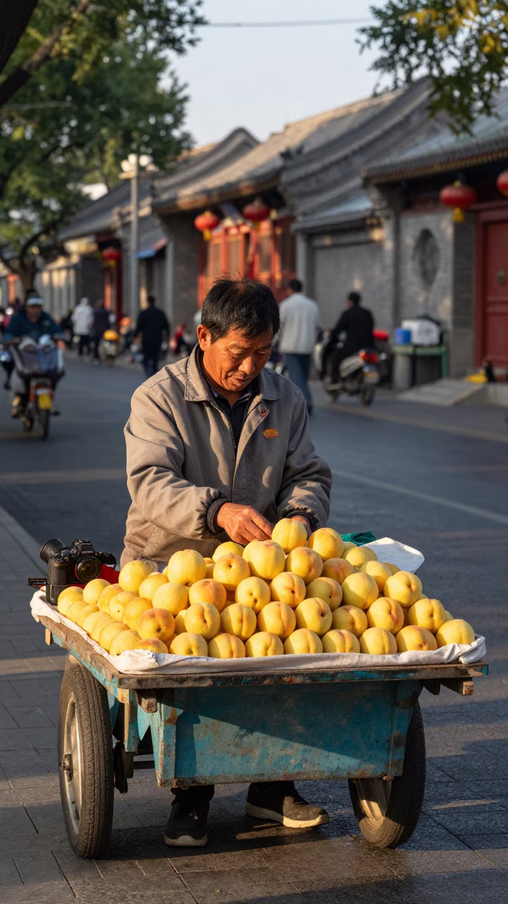Street Vendor Selling Fresh Nectarines in Late Afternoon Beijing China 1960s in in Beijing, China