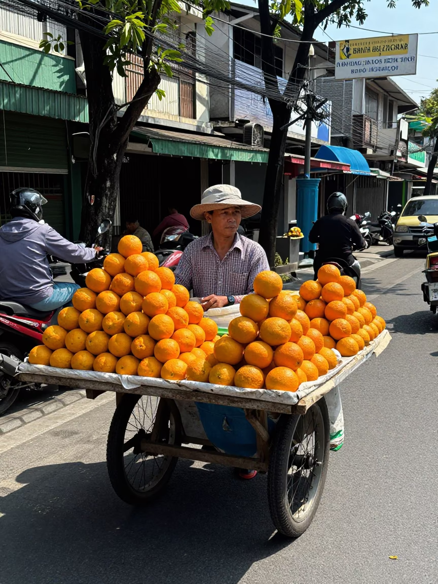 Street Vendor Selling Fresh Oranges Under Harsh Noon Sun in Surabaya Indonesia in in Surabaya, Indonesia