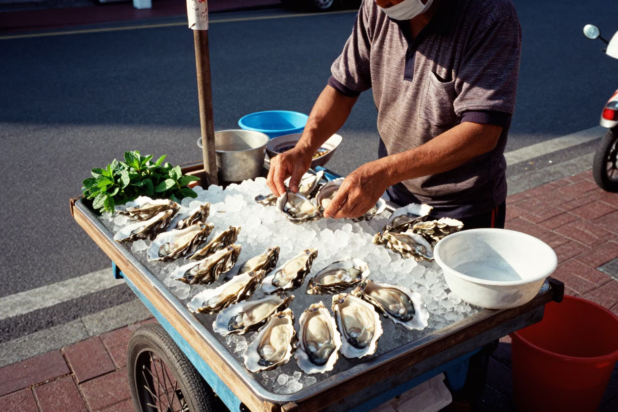 Street Vendor Selling Fresh Oysters and Mint in Tainan Taiwan Early Afternoon in in Tainan, Taiwan
