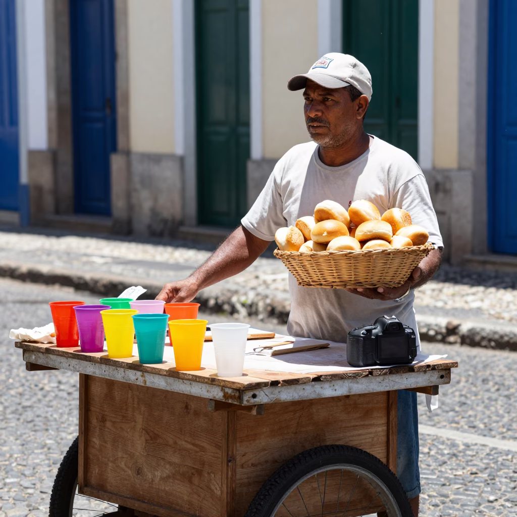 Street Vendor Selling Fresh Pao de Queijo in Salvador Brazil Midday in in Salvador, Brazil