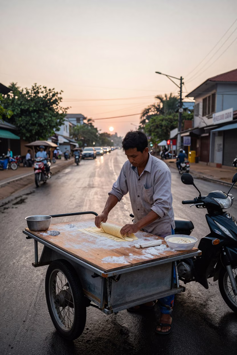 Street Vendor Selling Fresh Pasta in Phnom Penh Cambodia at Nautical Dawn in in Phnom Penh, Cambodia