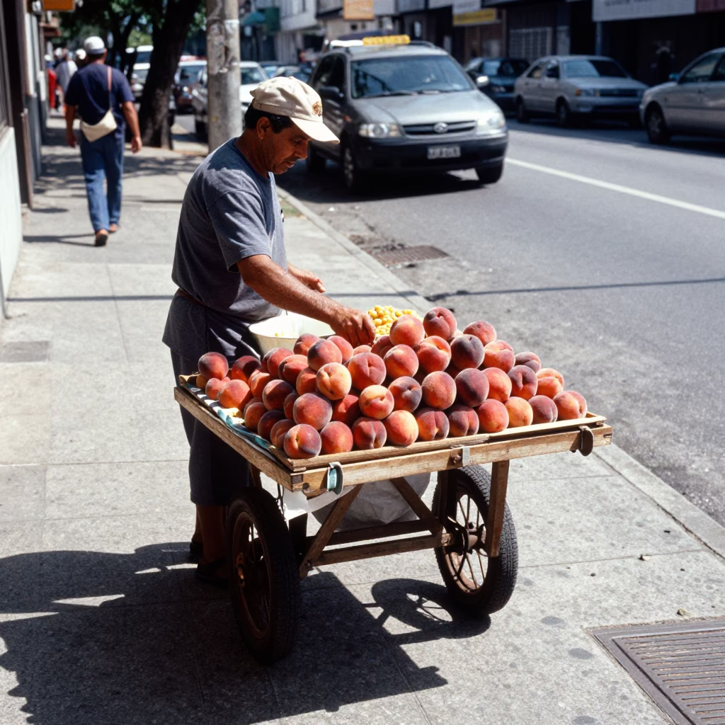 Street Vendor Selling Fresh Peaches on Busy São Paulo Sidewalk in Early Afternoon in in São Paulo, Brazil