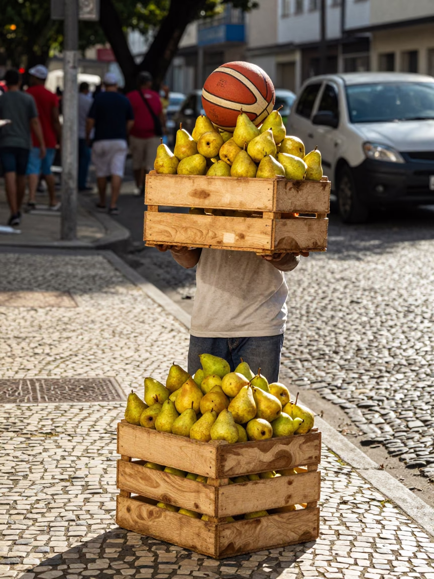 Street Vendor Selling Fresh Pears and Basketball in Rio de Janeiro Early Afternoon in in Rio de Janeiro, Brazil