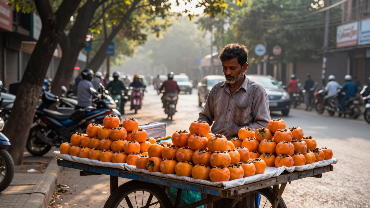 Street Vendor Selling Fresh Persimmons in Delhi India Late Morning Light in in Delhi, India