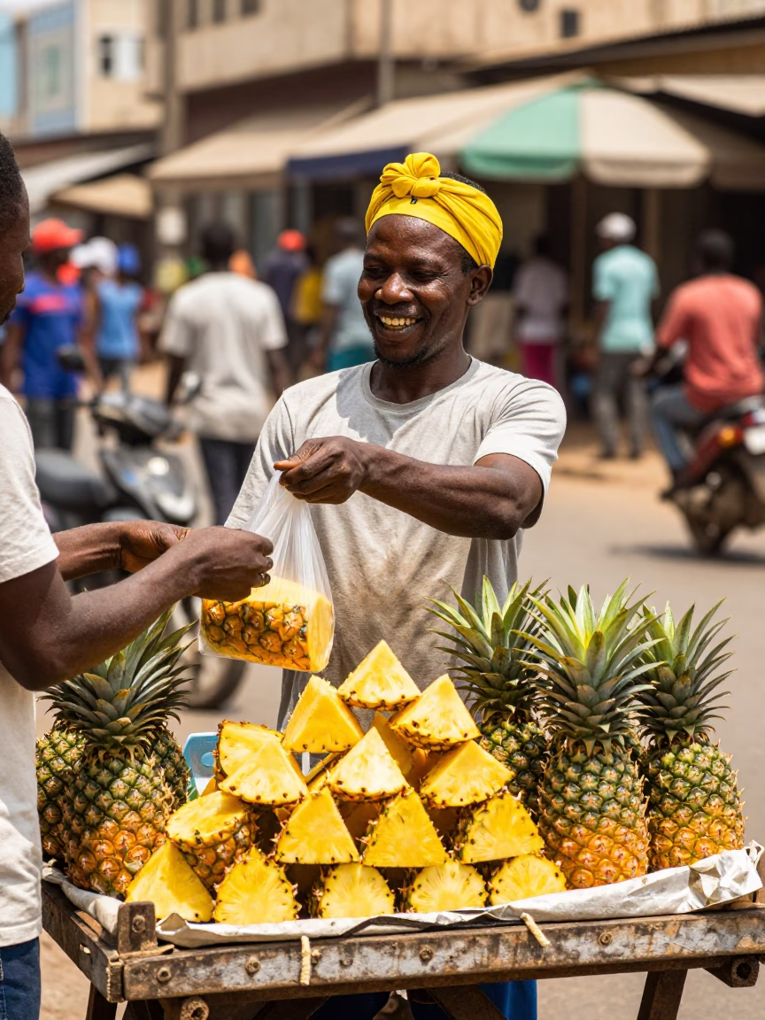Street Vendor Selling Fresh Pineapples in Busy Accra Ghana Noon Light in in Accra, Ghana