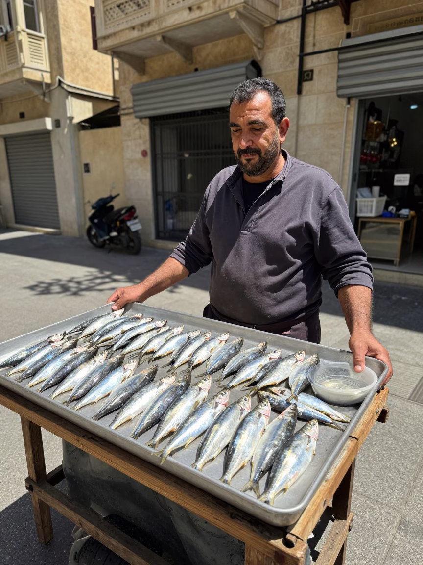 Street Vendor Selling Fresh Sardines in Beirut Lebanon Noon Sun in in Beirut, Lebanon