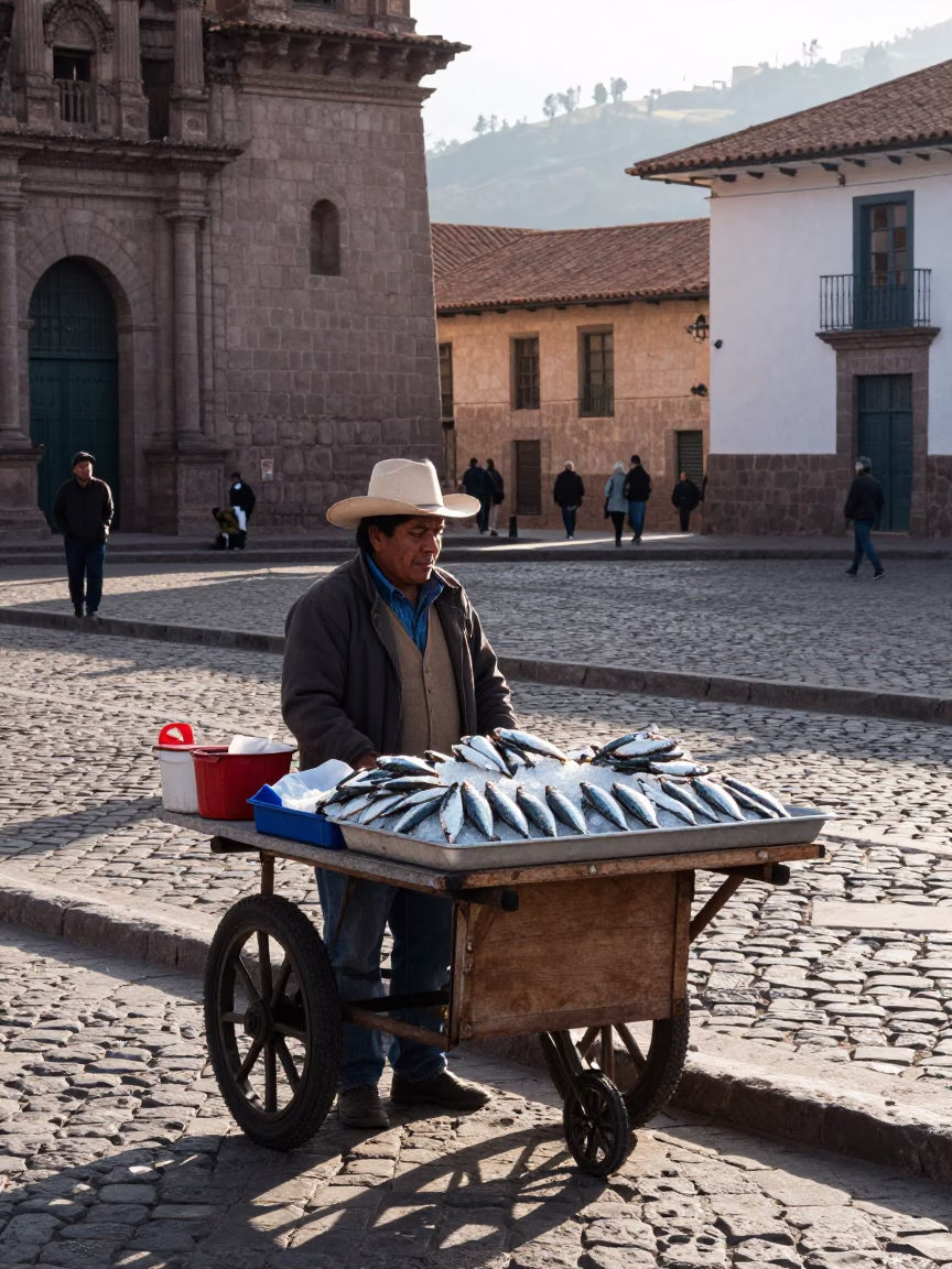 Street Vendor Selling Fresh Sardines on Cobblestone Plaza in Cusco Peru at Sunrise in in Cusco, Peru