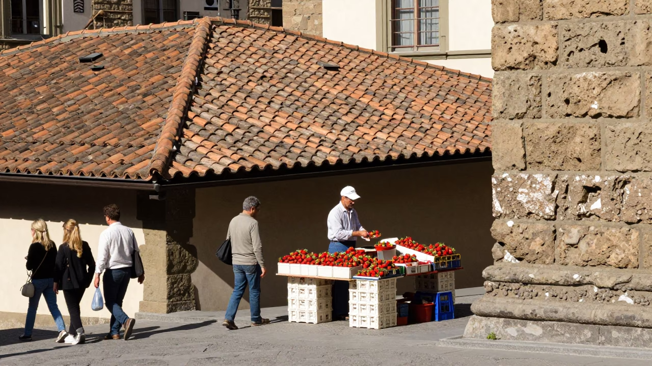 Street Vendor Selling Fresh Strawberries in Florence Italy Midday Sunlight in in Florence, Italy