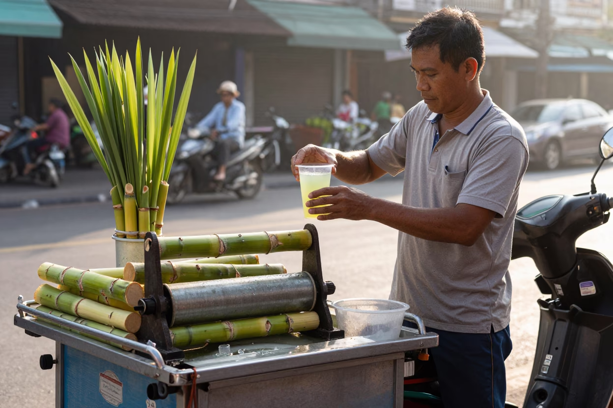 Street vendor selling fresh sugarcane juice in Bangkok Thailand just after sunrise in in Bangkok, Thailand
