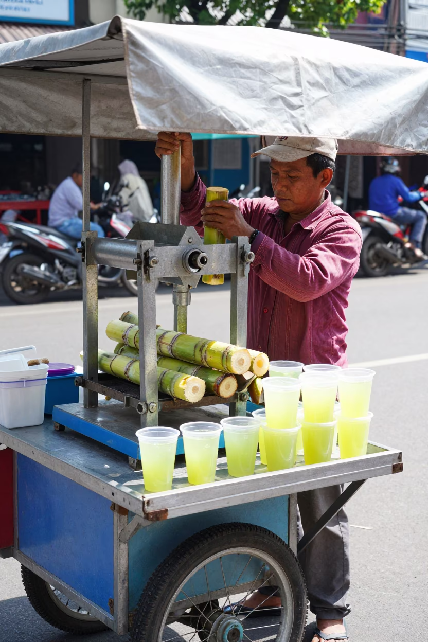 Street Vendor Selling Fresh Sugarcane Juice in Bright Midmorning Light in Surabaya Indonesia in in Surabaya, Indonesia