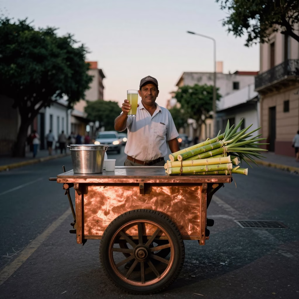 Street Vendor Selling Fresh Sugarcane Juice in Buenos Aires Argentina Before Dusk in in Buenos Aires, Argentina