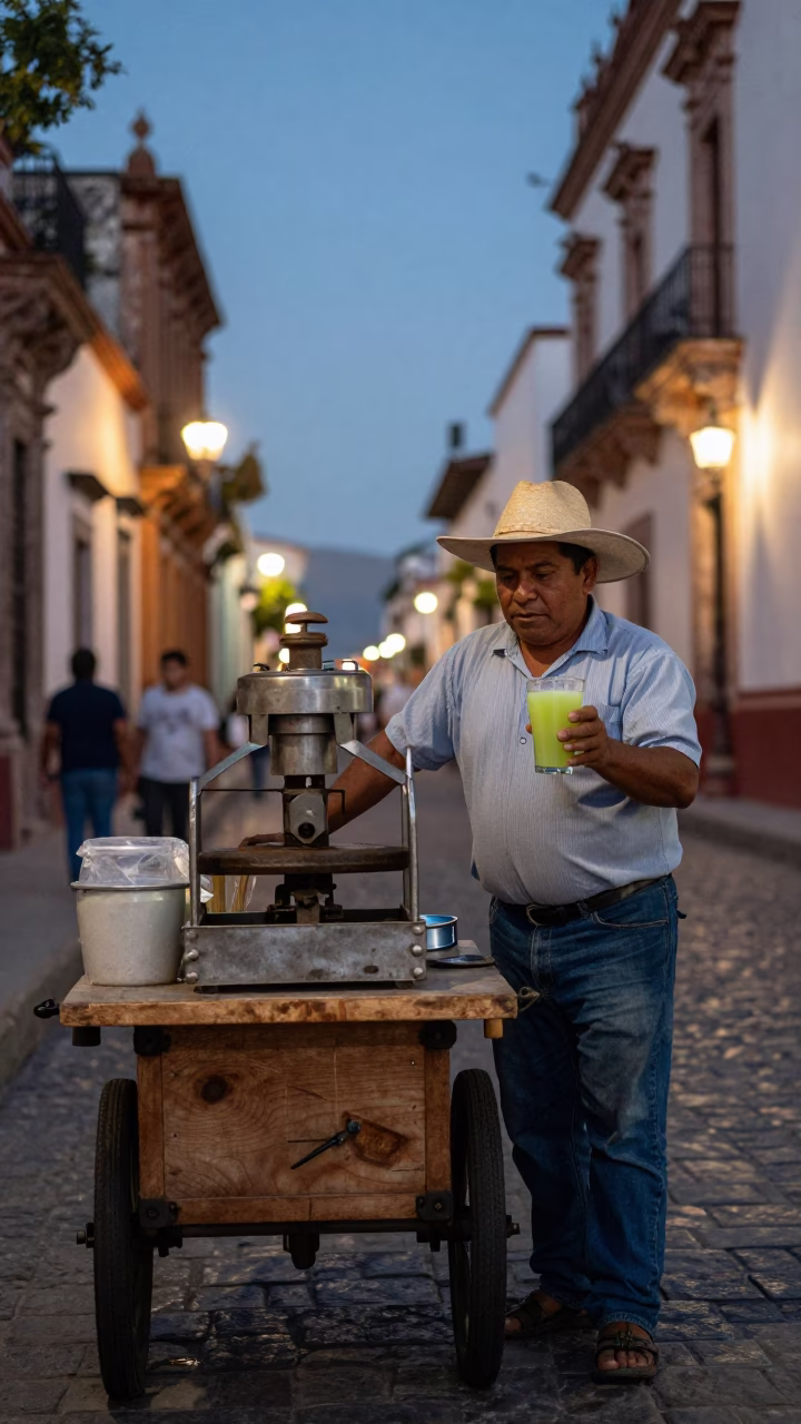Street Vendor Selling Fresh Sugarcane Juice in Merida Mexico at Twilight with City Lights in in Merida, Mexico