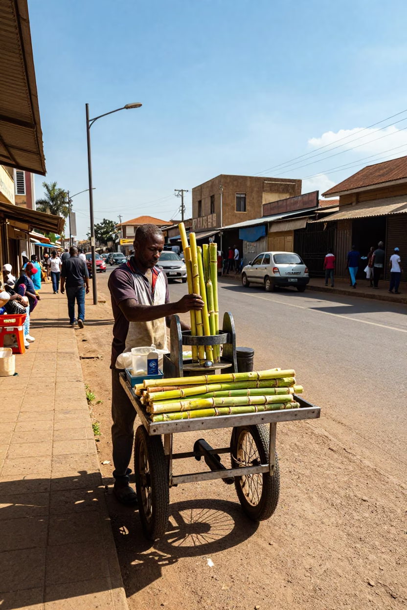 Street Vendor Selling Fresh Sugarcane Juice in Nairobi Kenya Late Afternoon Light in in Nairobi, Kenya