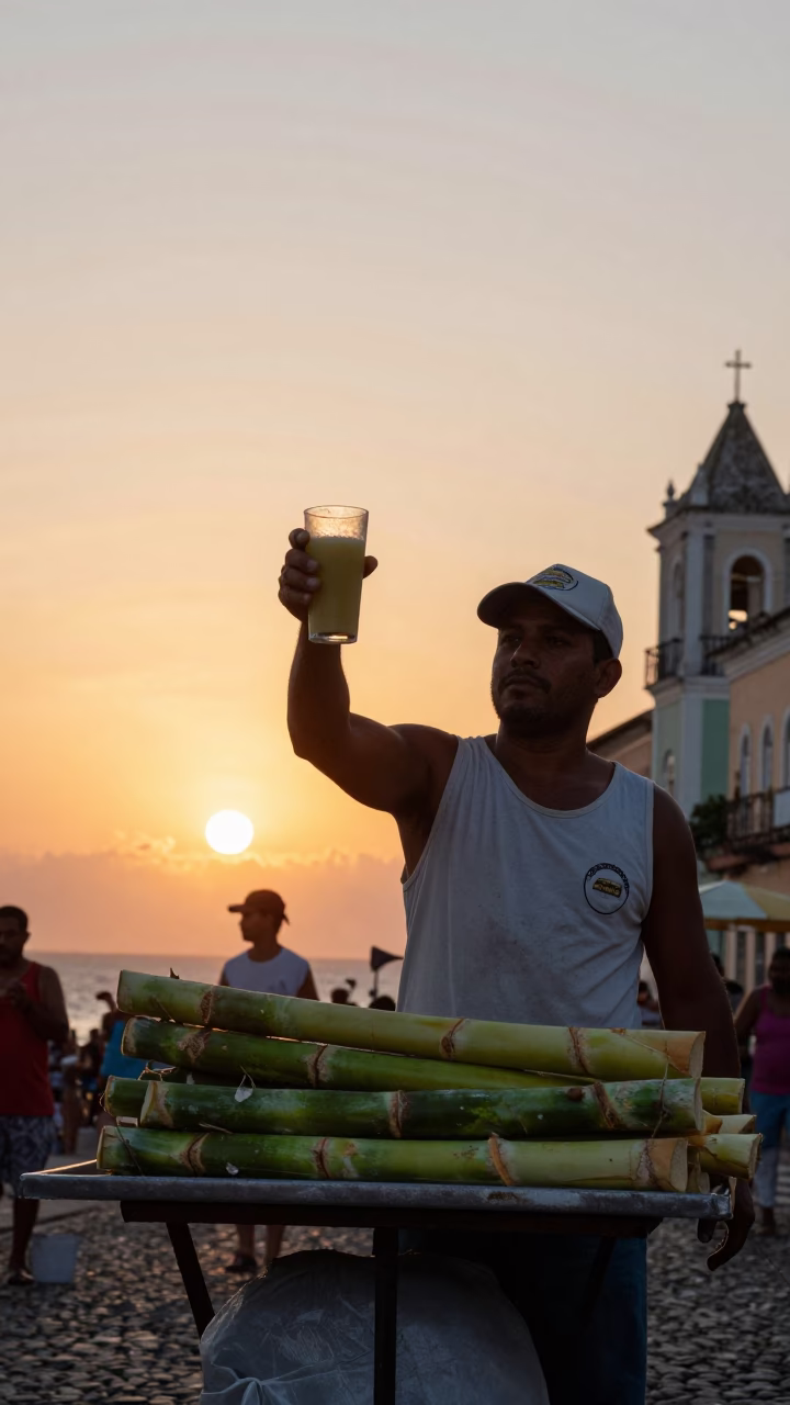 Street Vendor Selling Fresh Sugarcane Juice in Salvador Brazil Sunset in in Salvador, Brazil