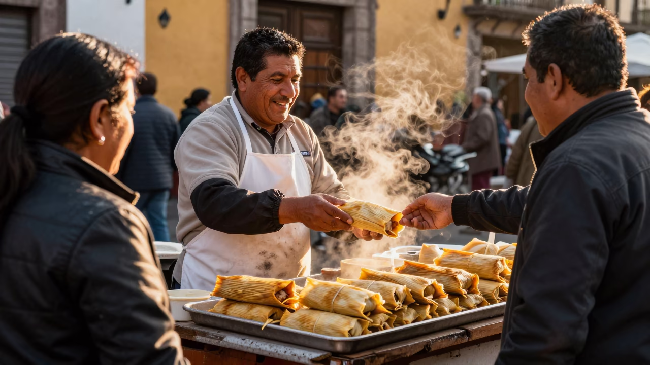Street Vendor Selling Fresh Tamales at Golden Hour in Mexico City Market in in Mexico City, Mexico