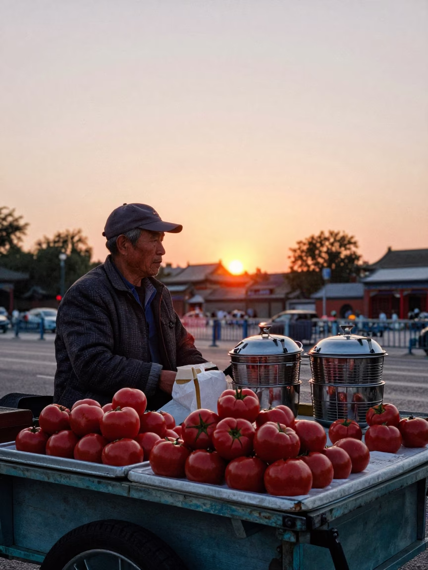 Street Vendor Selling Fresh Tomatoes and Tea Strainers in Beijing at Sunset in in Beijing, China