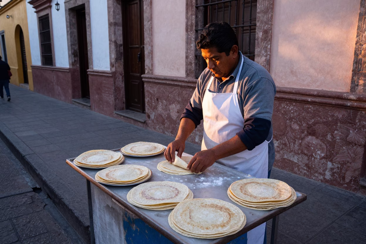 Street Vendor Selling Fresh Tortillas in Early Morning Guadalajara Mexico Before Sunrise in in Guadalajara, Mexico