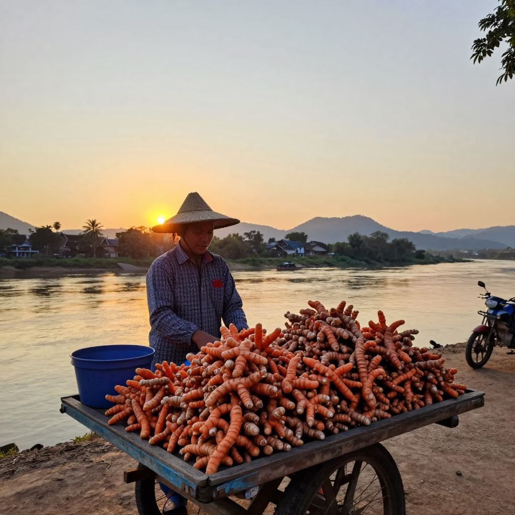 Street Vendor Selling Fresh Turmeric Roots at Sunset in Luang Prabang Laos in in Luang Prabang, Laos