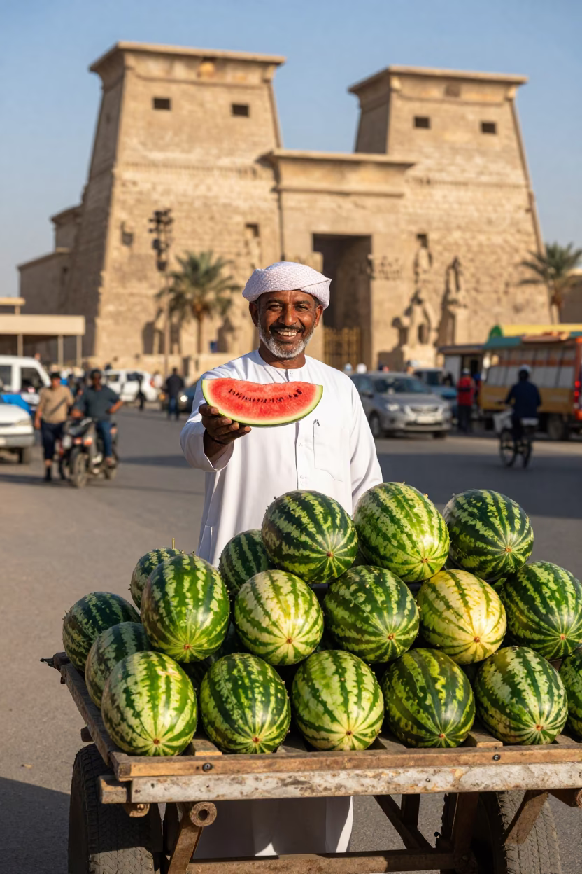 Street Vendor Selling Fresh Watermelons in Luxor Egypt Late Morning Sunlight in in Luxor, Egypt