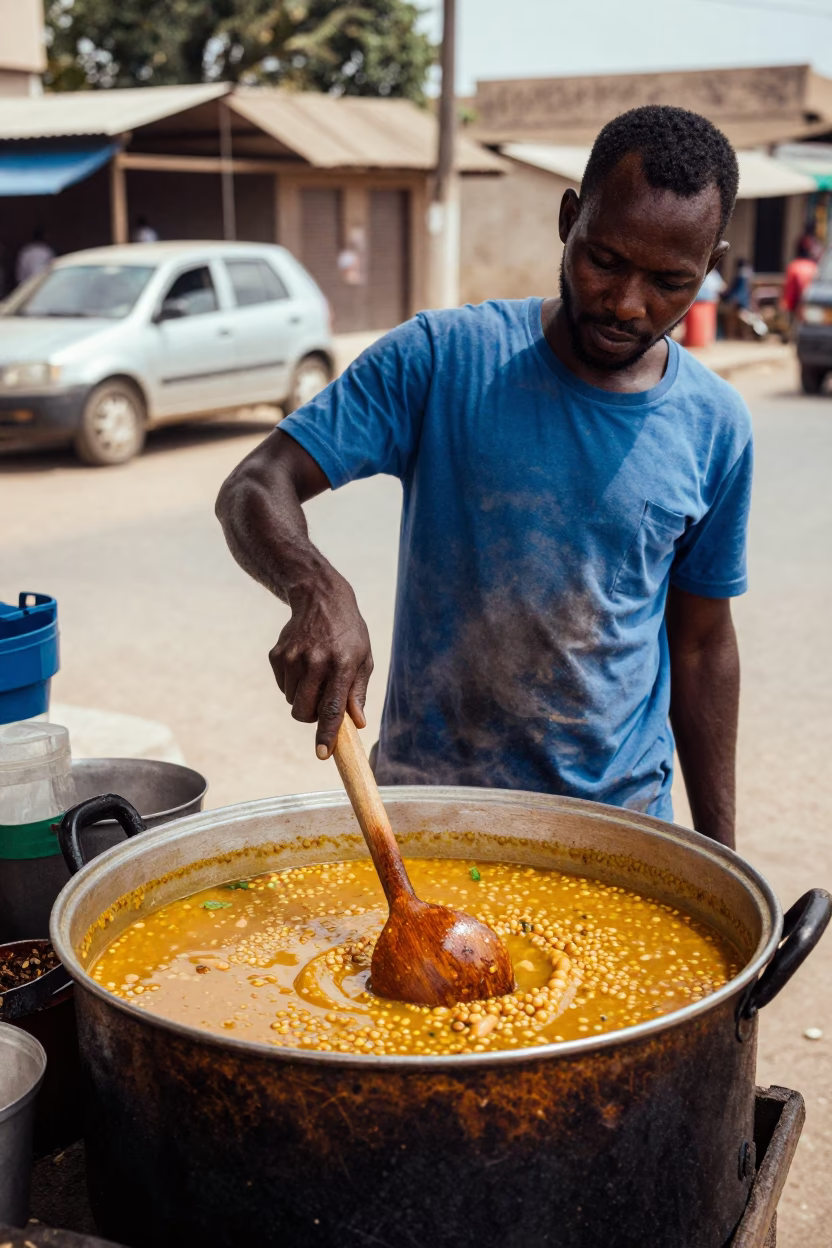 Street Vendor Selling Fried Mafé in Dakar Senegal Under Flat Noon Light in in Dakar, Senegal