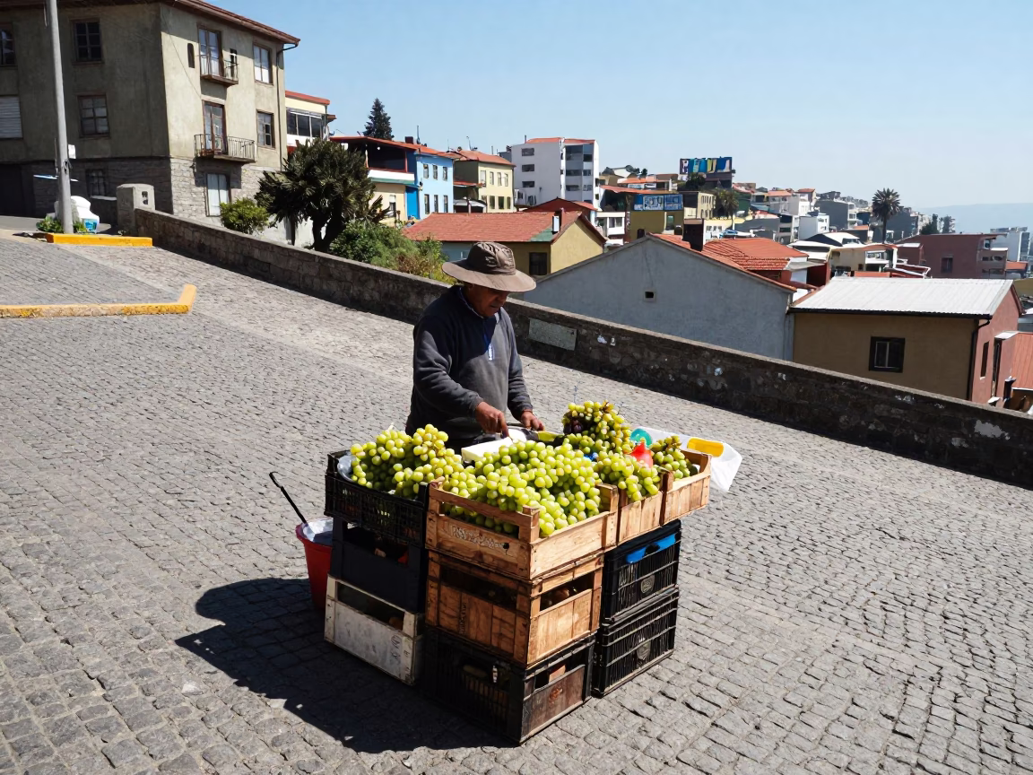 Street Vendor Selling Fruit Crates in Valparaiso Under Flat Noon Sunlight in in Valparaiso, Chile