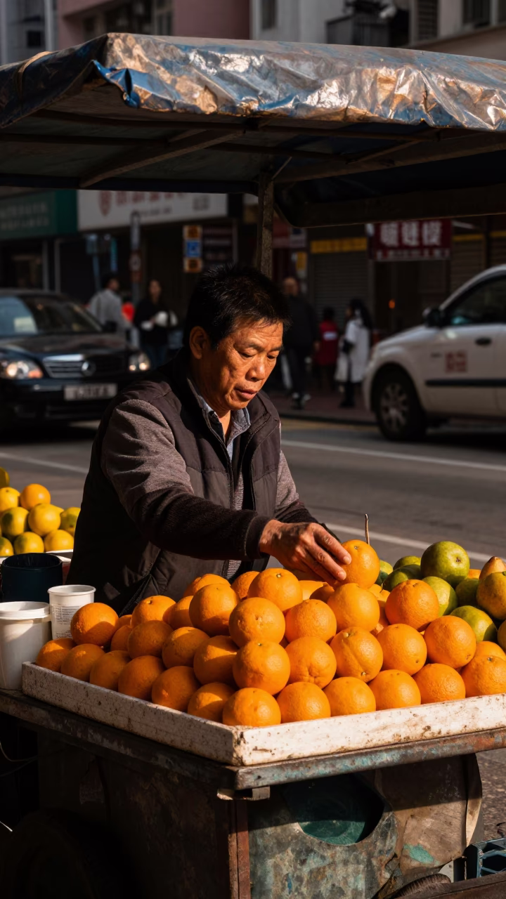 Street vendor selling fruit in Hong Kong late afternoon light in in Hong Kong, Hong Kong