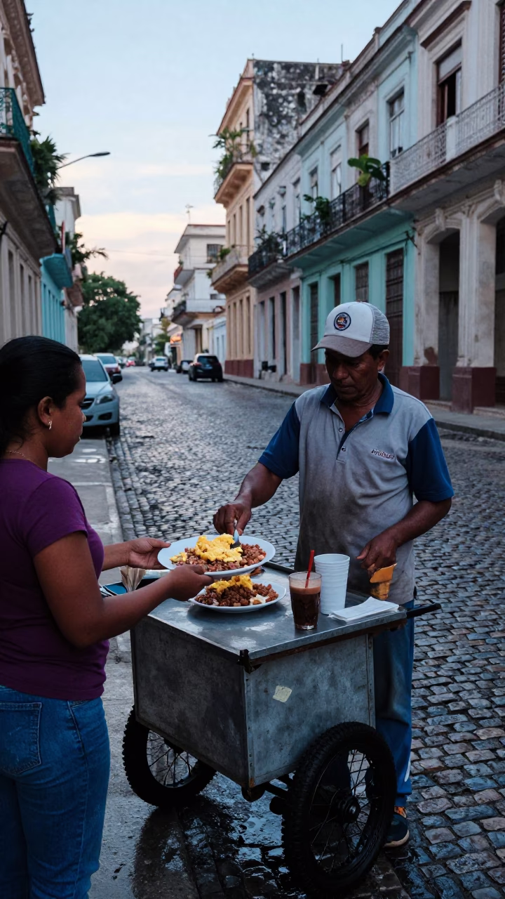 Street Vendor Selling Gallo Pinto and Coffee in Havana Cuba Before Dawn in in Havana, Cuba