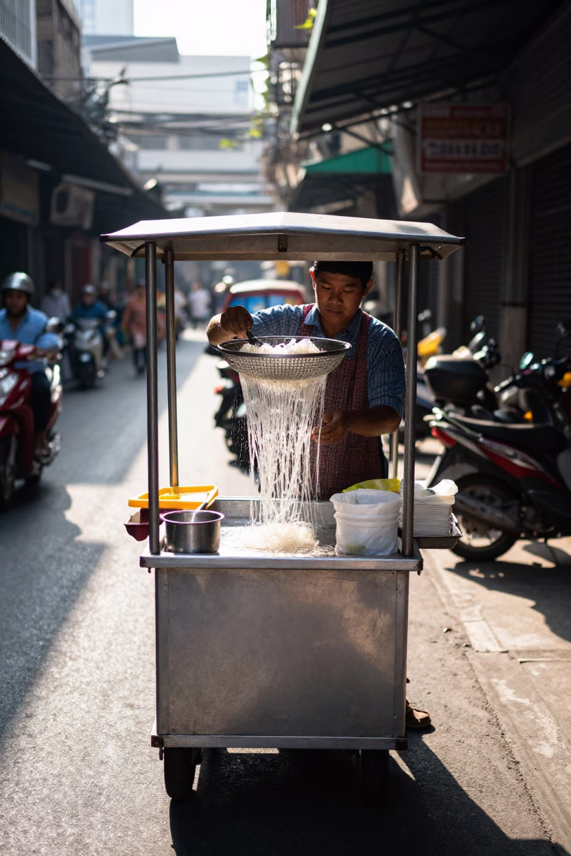 Street Vendor Selling Glass Noodles in Bangkok Thailand Midmorning Light in in Bangkok, Thailand