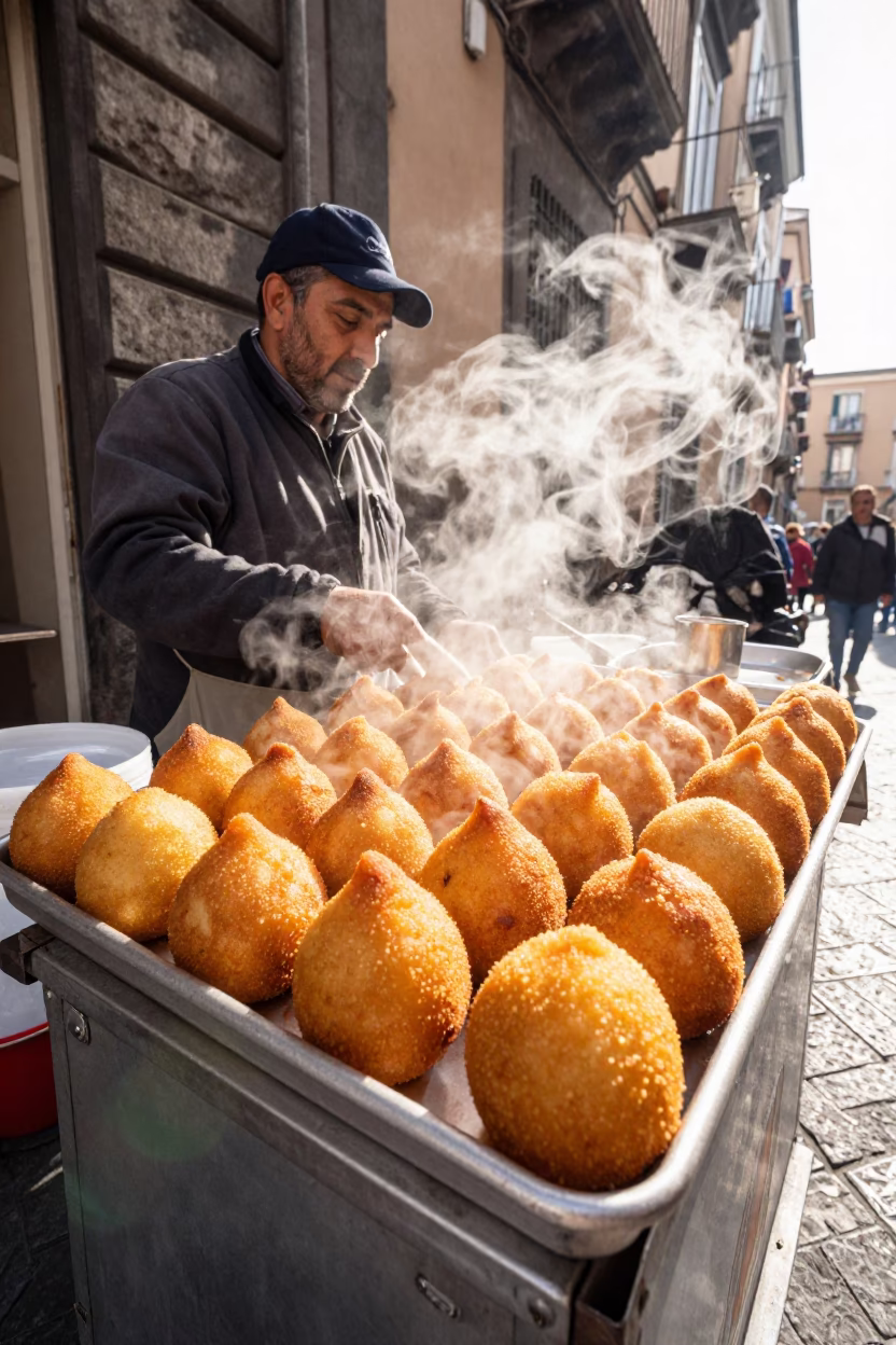 Street Vendor Selling Golden Arancini in Naples Italy Late Morning Sunlight in in Naples, Italy