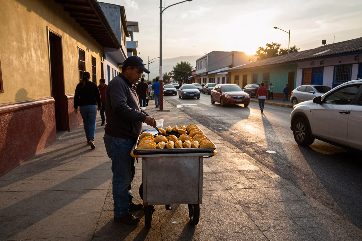 Street Vendor Selling Golden Empanadas on Busy Medellin Colombia Sidewalk at Sunset in in Medellin, Colombia