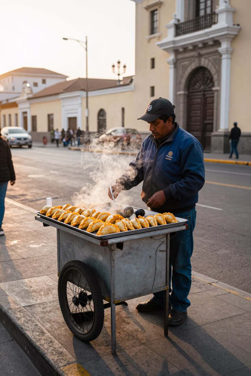 Street Vendor Selling Golden Empanadas on Lima Peru Morning Sidewalk in in Lima, Peru